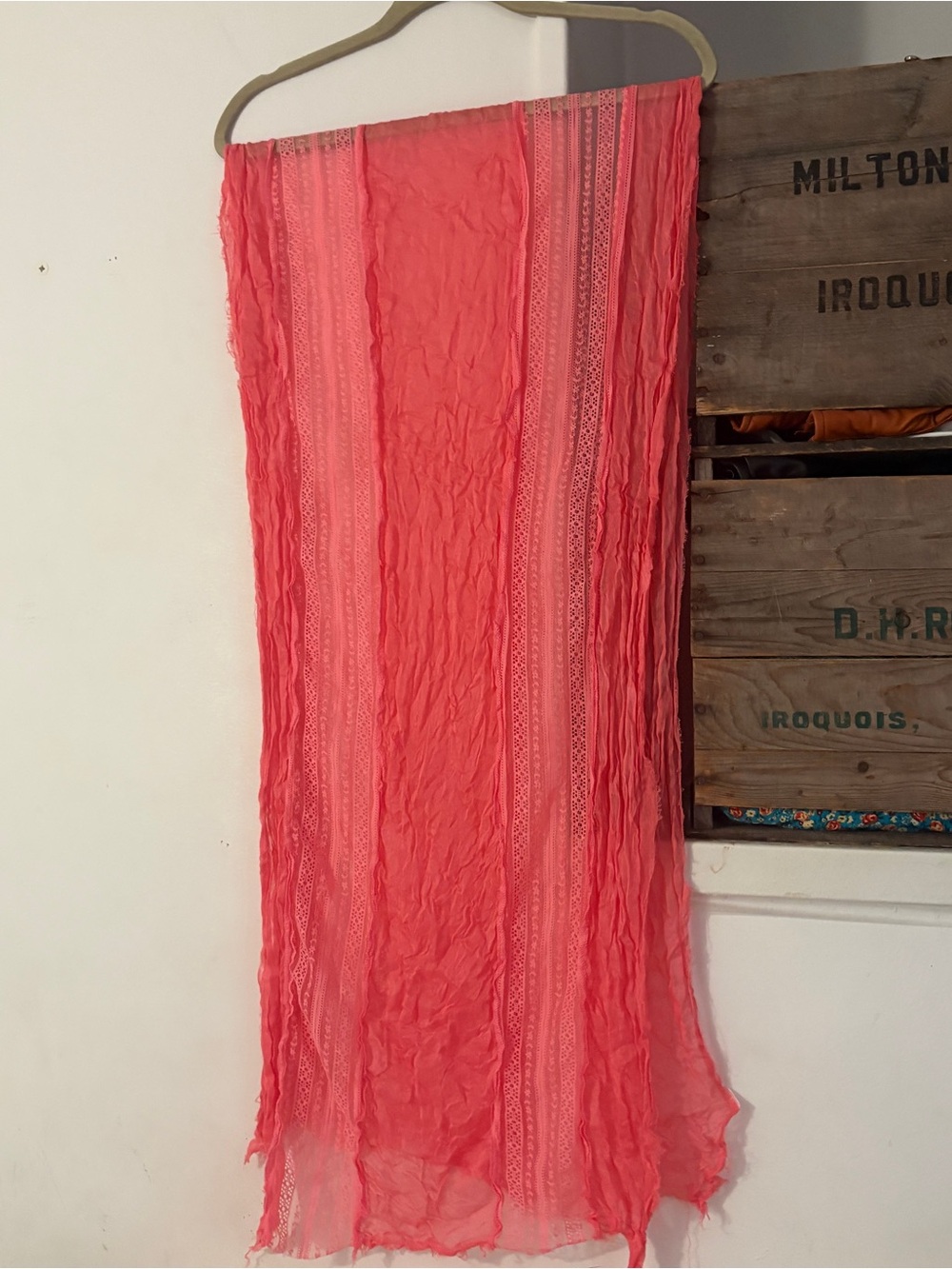 Lightweight Sheer Fairycore Coral Pink Crinkled Long Scarf with Lace Panels